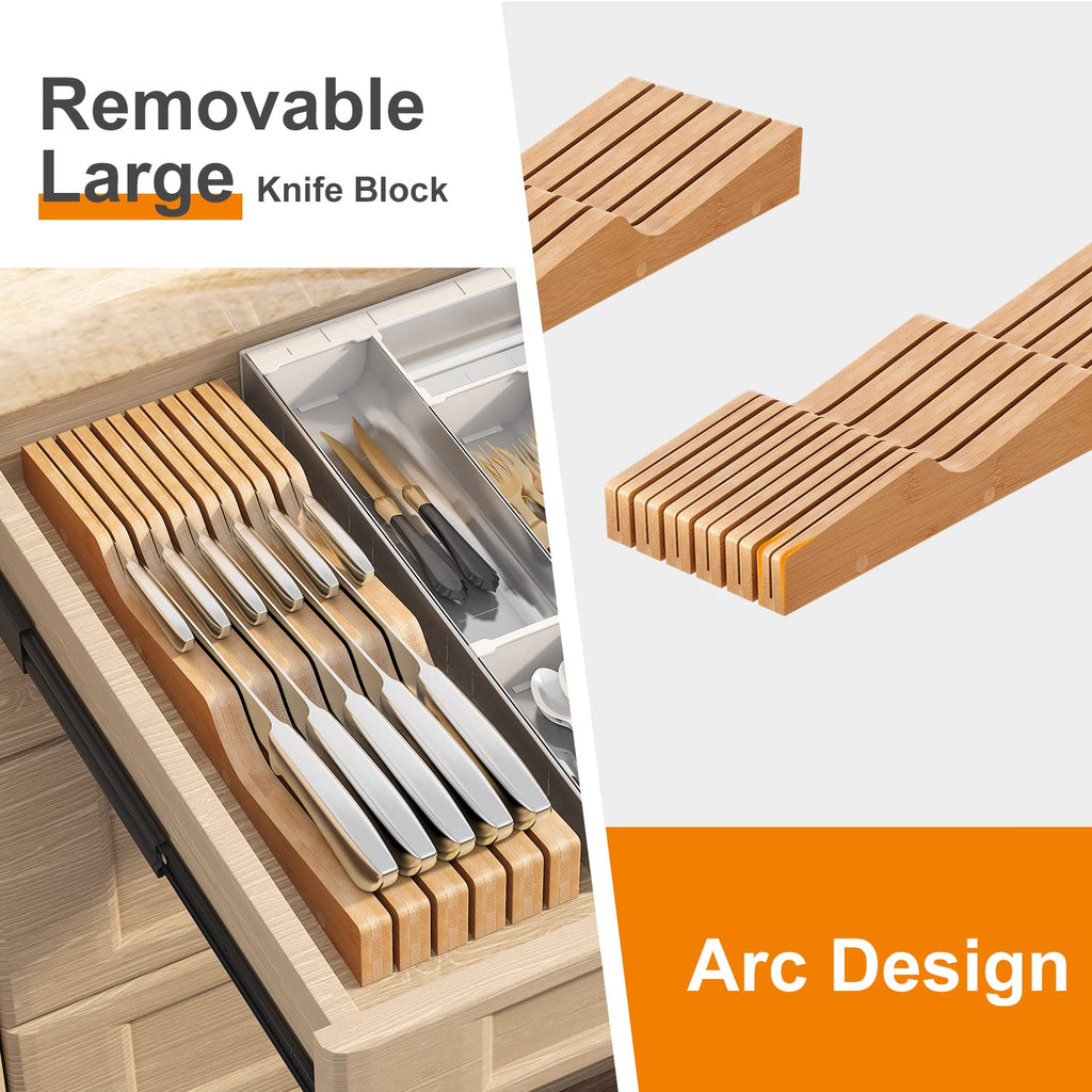 In-Drawer Knife Block Organizer - Bamboo Wood Drawer Knife Organizer-Protecting Knife Organizer Block (Not Included)