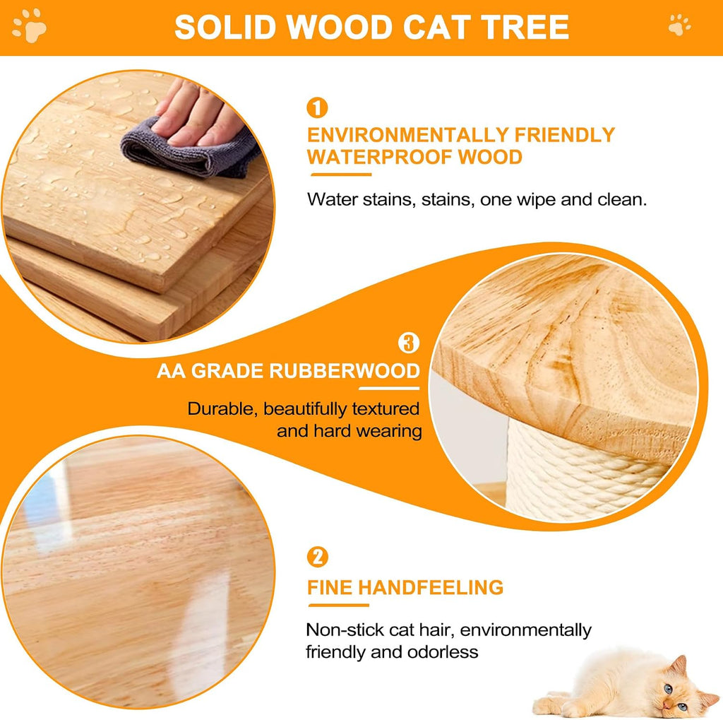 Solid Wooden Cat Tree Tower for Indoor Cat Large Adult with Scratching Post