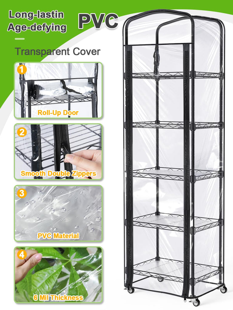 5-Tier Mini Greenhouse with Caster Wheels, Each Shelf Height Adjustable
