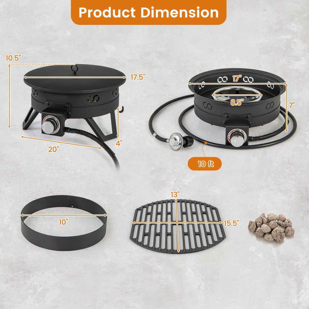 Portable Propane Fire Pit, 17" Outdoor Fire Bowl w/Foldable Legs