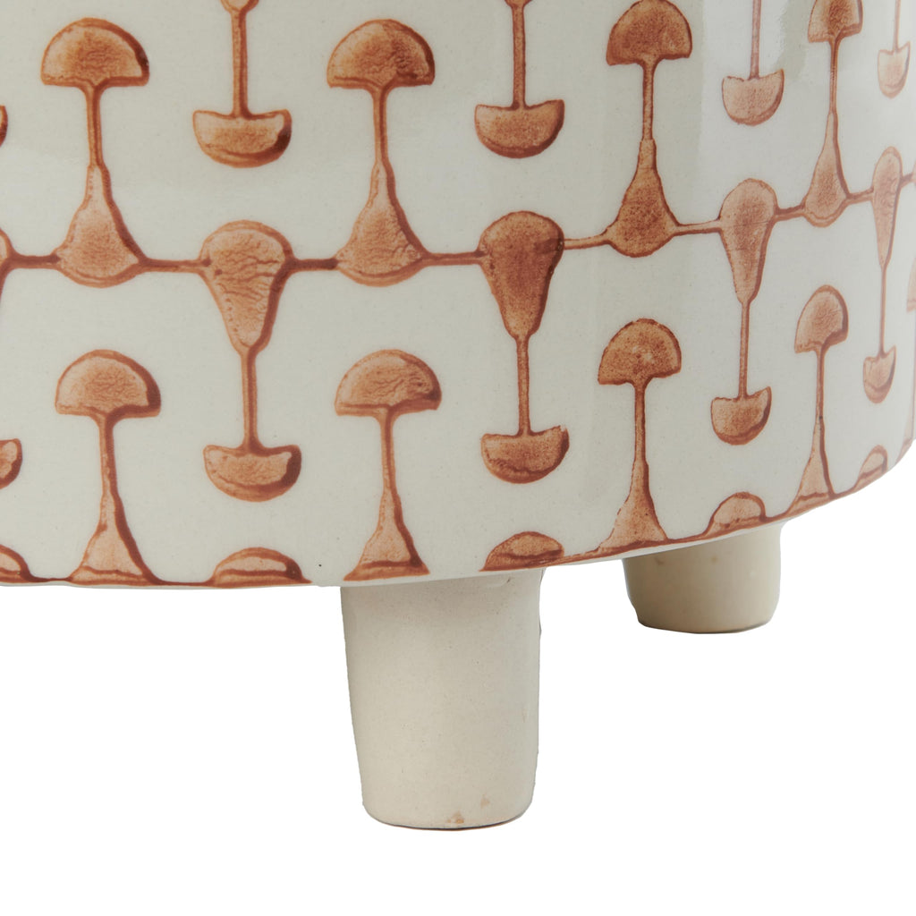 Footed Stoneware Planter with Abstract Print, Rust and White