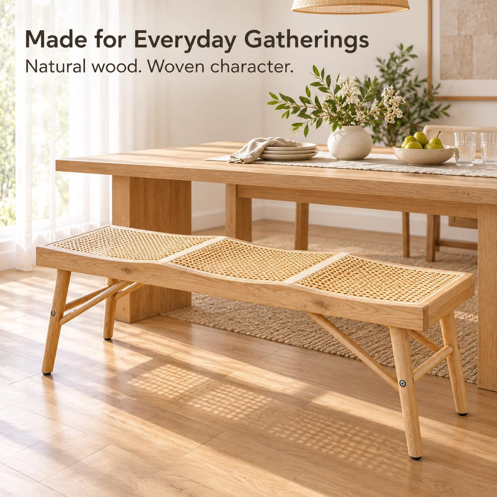 55" Modern Dining Bench, Solid Oak Wood Bench with Rattan Seat, Entryway Bench Table, Indoor Wooden Bench, Easy