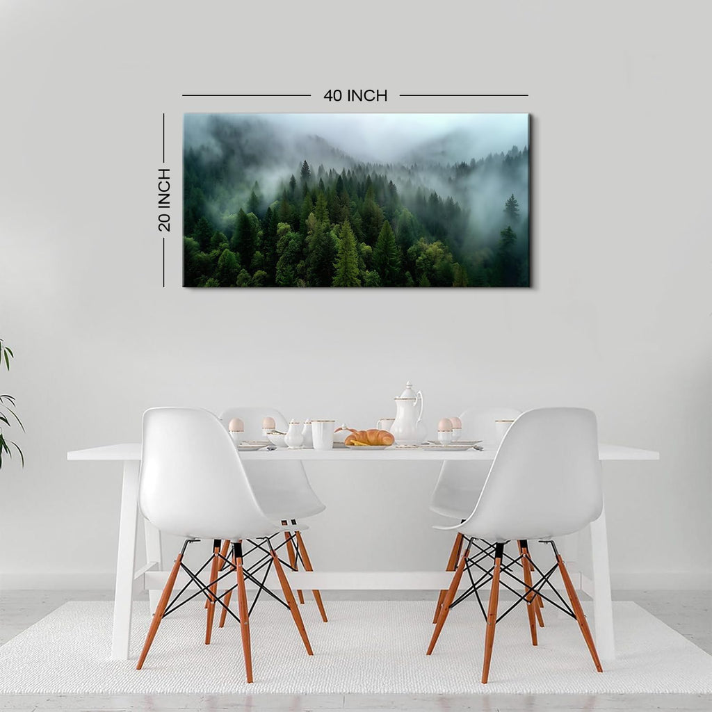 Forest Canvas Wall Art Misty Green Mountain Pine Tree Wall Decor Vintage Nature Foggy Scenery Picture Bedroom Cloudy