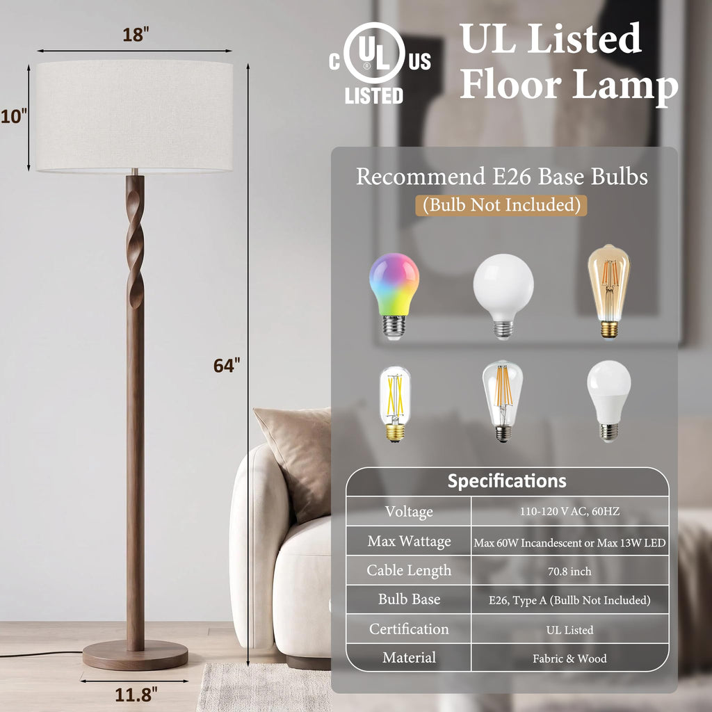 64 Inch Twisted Walnut Wood Floor Lamp with Linen Shade, Cream