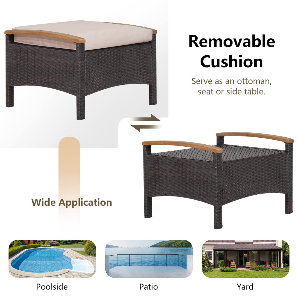 Outdoor Wicker Ottomans - 2 Pieces PE Rattan Ottoman, Footrest Seat with Zippered Cushions, Acacia Wood Handles