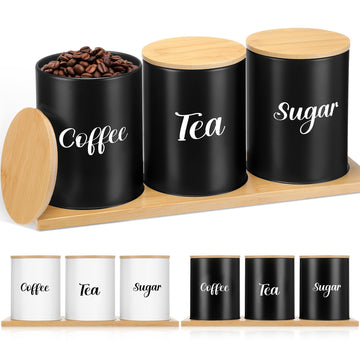 Coffee Tea Sugar Container Set with Tray, Set of 3 Airtight Metal Canister with Bamboo Lids, Farmhouse Kitchen