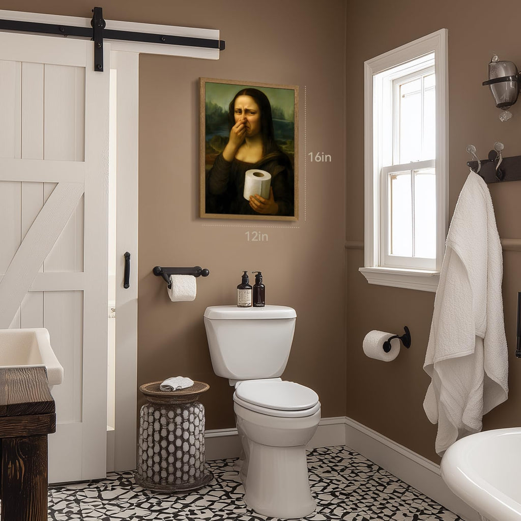 Wood Framed Funny Pinching Nose Mona Lisa Bathroom Wall Art 12x16 in