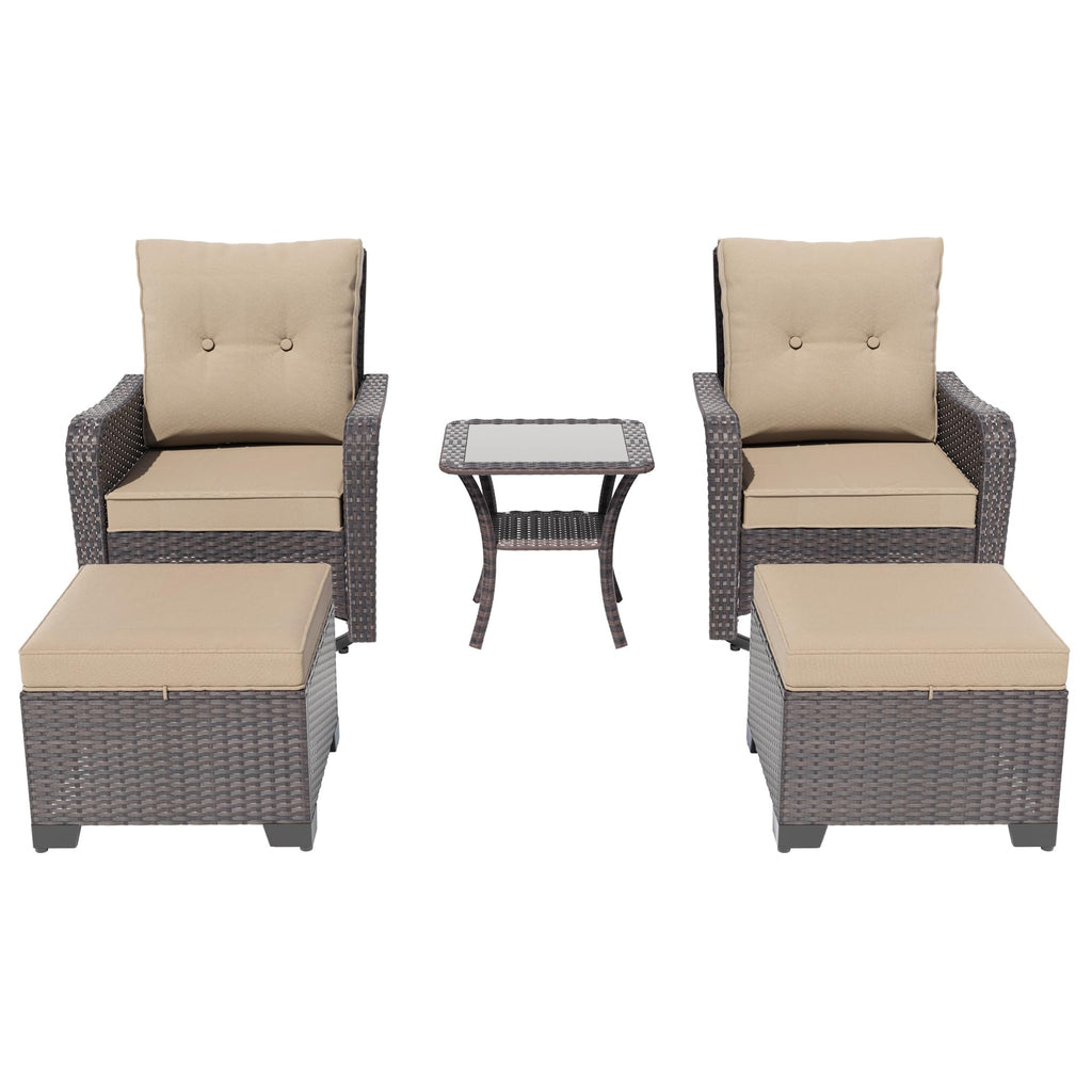 5-Piece Outdoor Swivel Rocking Chair Set with 4" Thick Cushions and High Back, Wicker Patio Chairs with Side Table &