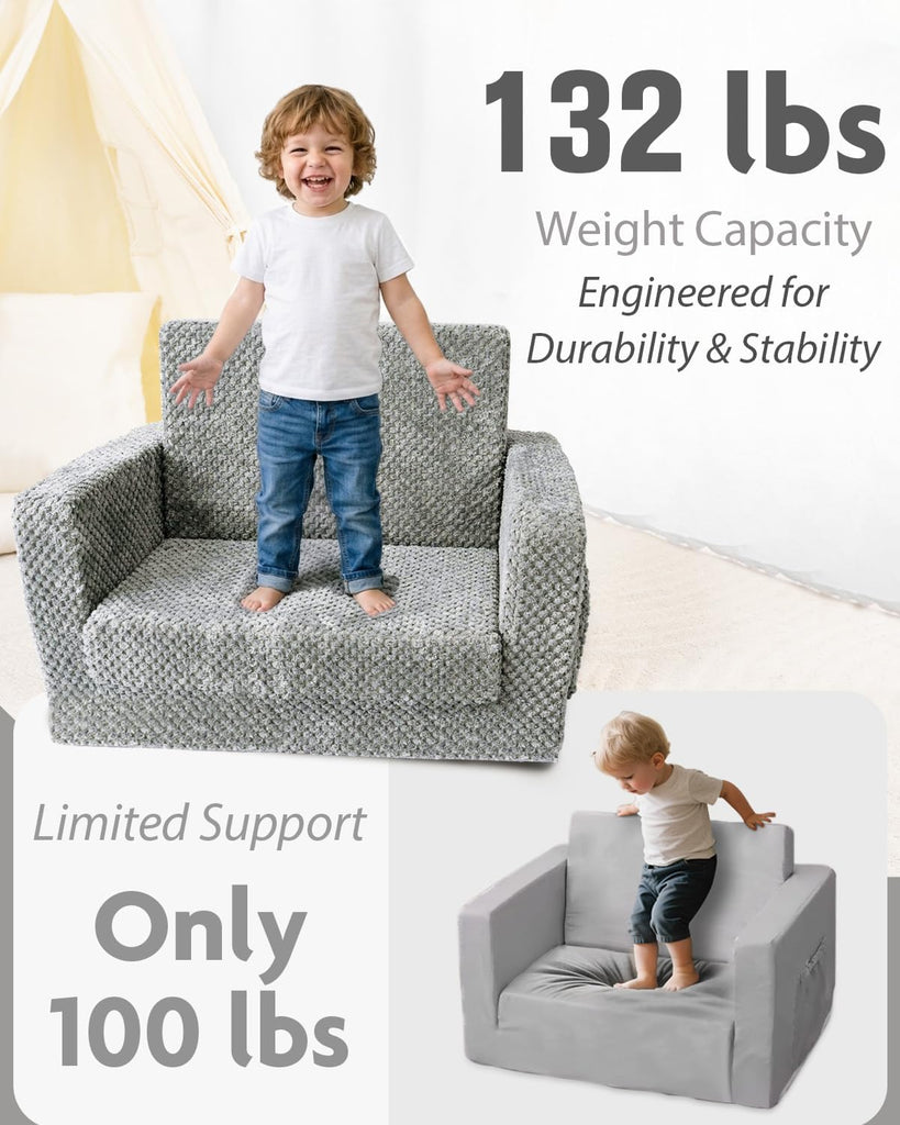 Sherpa Kids Couch, in-1 Fold-Out Comfy Chair for 3+ Years Old, Grey
