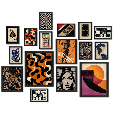 16 PCS Framed Retro 70s Wall Art Decor, Eclectic Vintage Wall Prints, Gallery Wall Frame Set, Abstract Posters