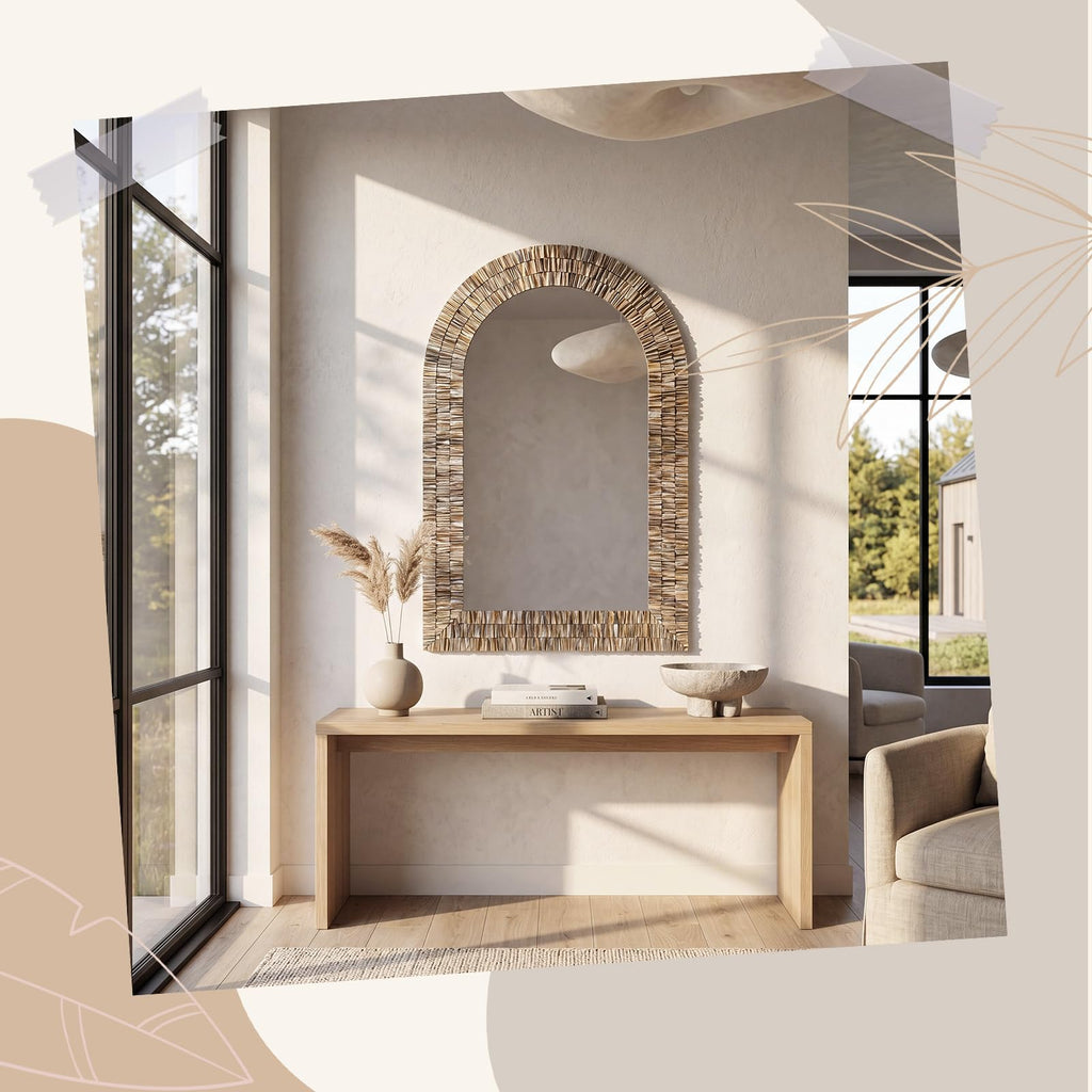 Large 36" x 24" Capiz Shell Mirror Arched Coastal Seashell Wall Decor