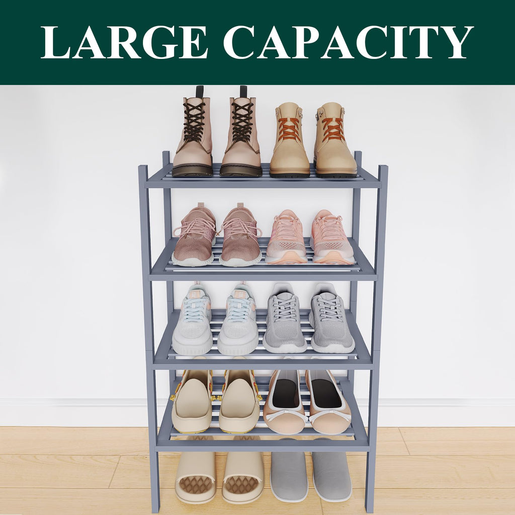 Bamboo Shoe Rack, 5 Horizontal Slats, 4 Tier - 17.3" Wide, Grey