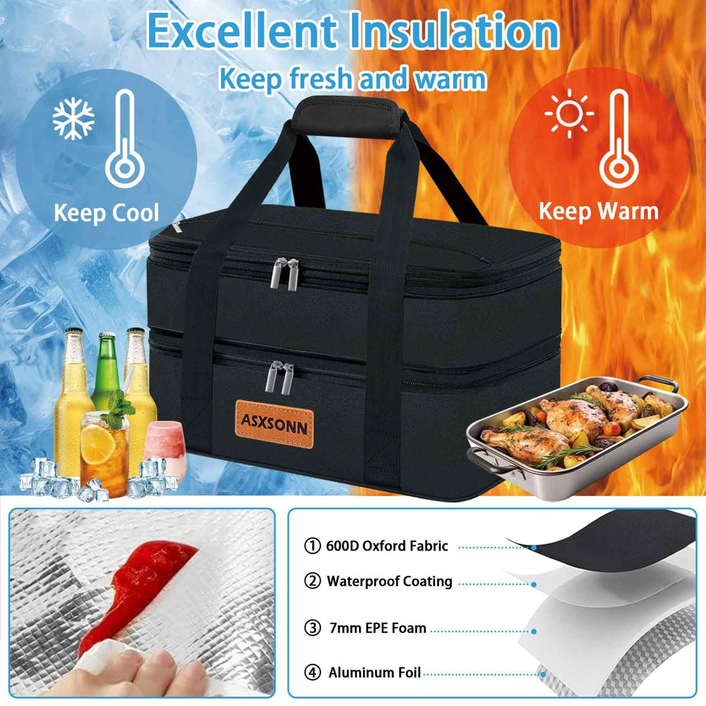 Double Decker Insulated Casserole Carrier for Hot or Cold Food, Large Lasagna Lugger Tote Fits 9"x13" Baking Dish