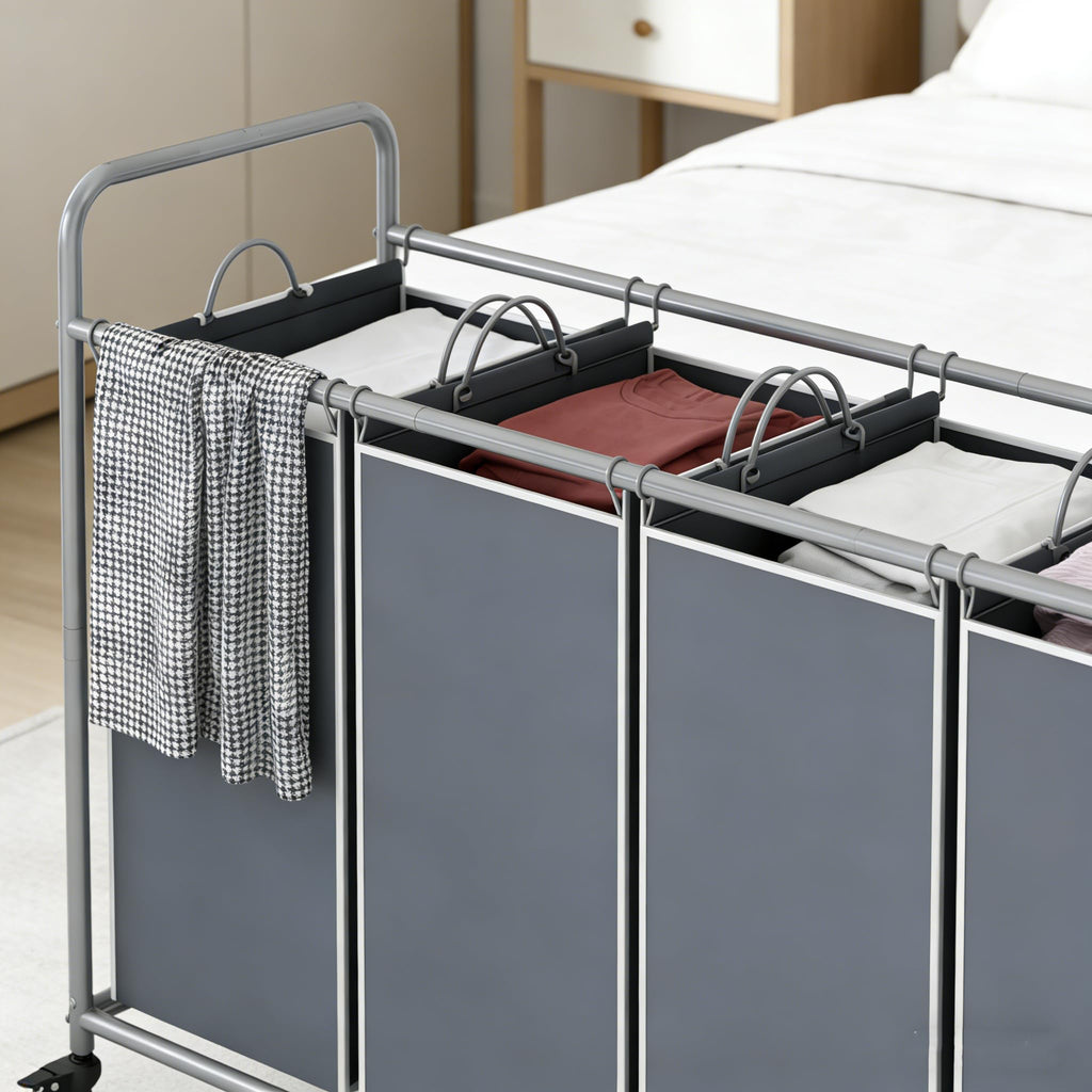 4 Section Laundry Hamper, Grey Laundry Basket, 180L Laundry Sorter