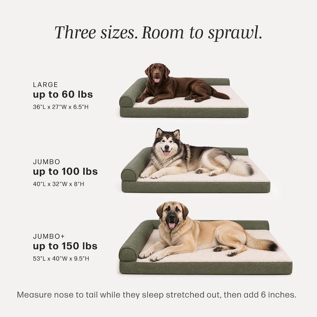 Leaner Orthopedic Chaise Dog Bed, L-Shaped Bolster, Jumbo+, Sage