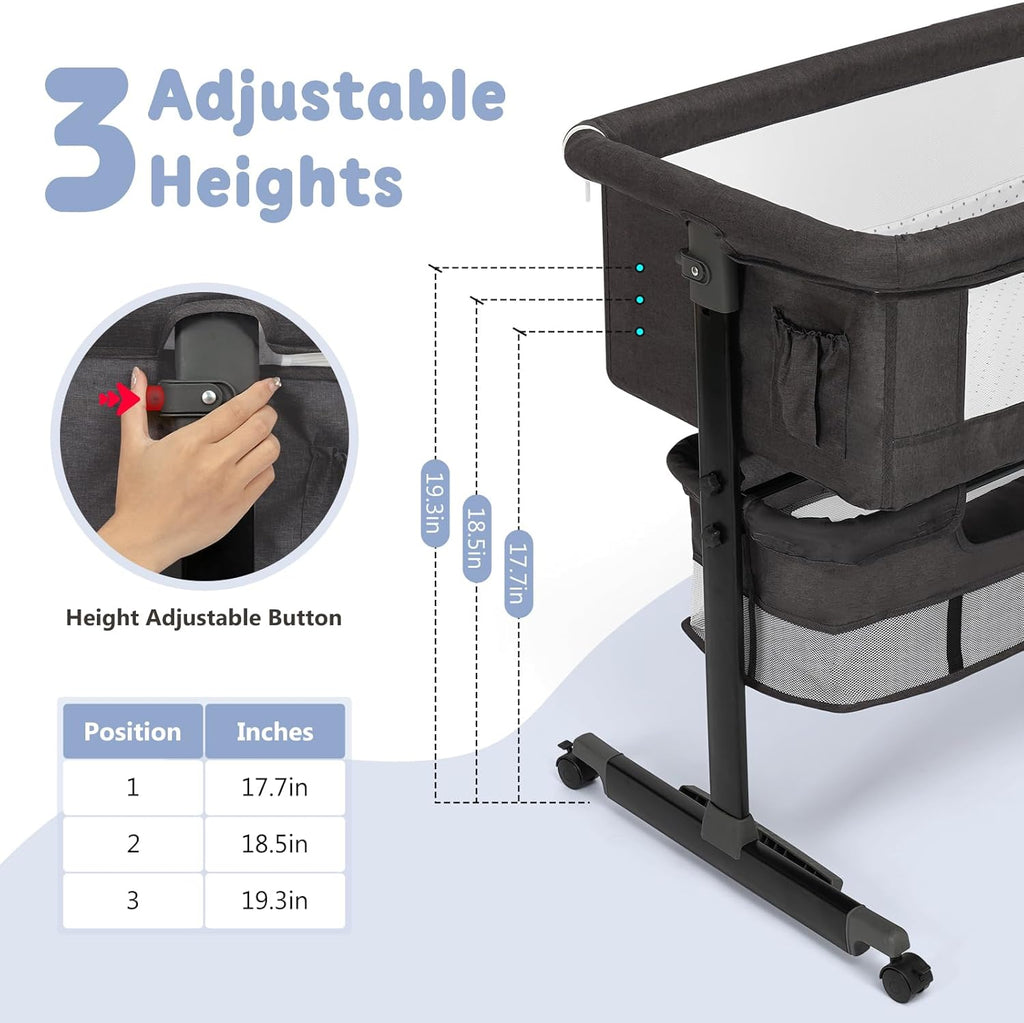 Bassinet, 3 in 1 Bedside Bassinets for Baby, Bassinet Bedside Sleeper with Wheels, Adjustable Height with Rocking