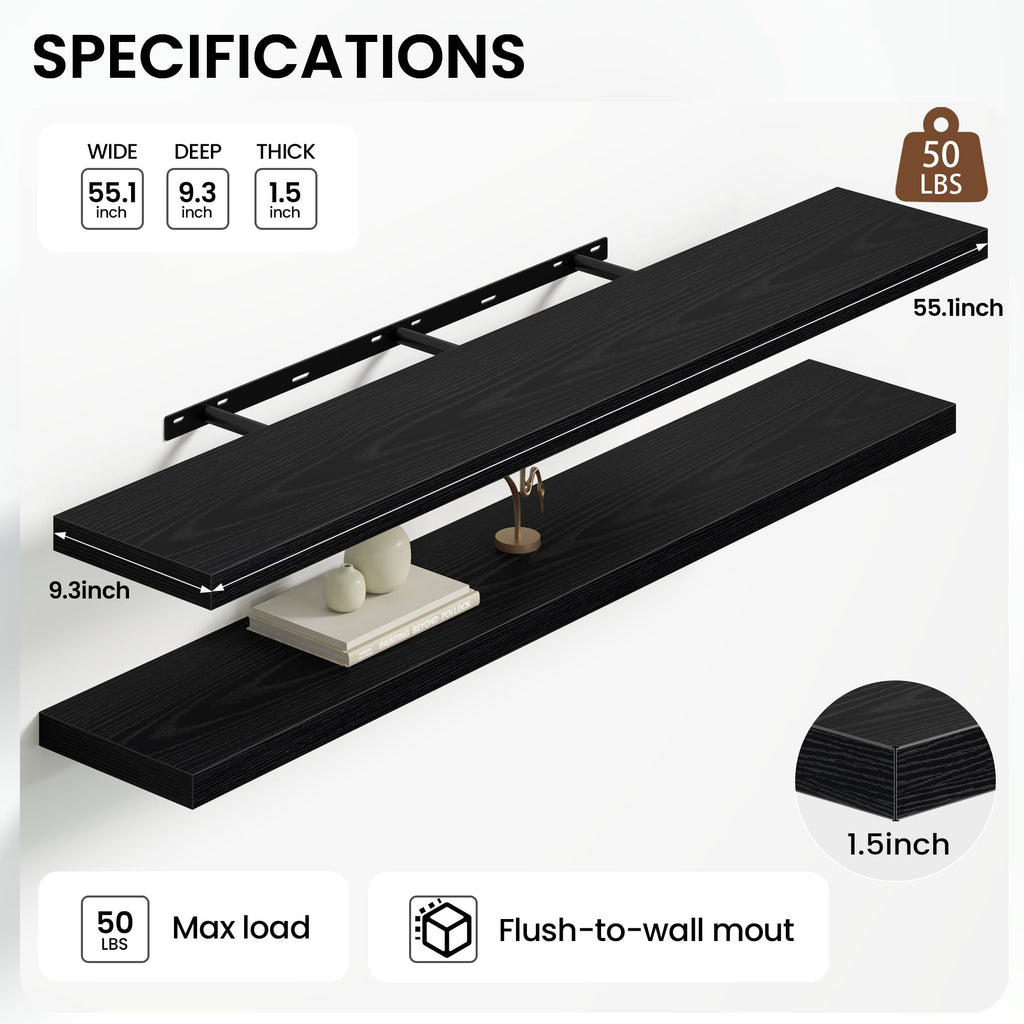 Floating Shelves 55.1" W x 9.3" D Black Set of 2