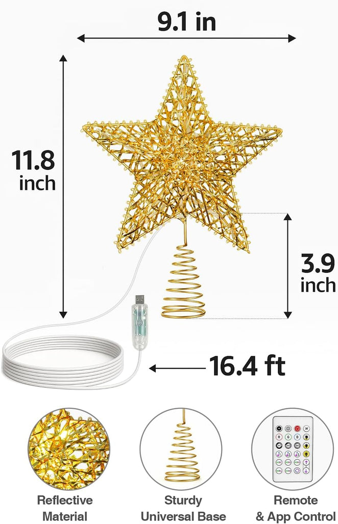 Smart Gold Christmas Tree Topper Star, 9.1" Wide x 11.8" Overall Height RGB LED 3D Metal