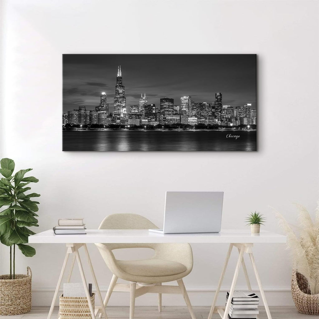 Chicago Skyline Wall Black and White City Canvas Prints Modern Cityscape Painting Posters Chicago City Center Night