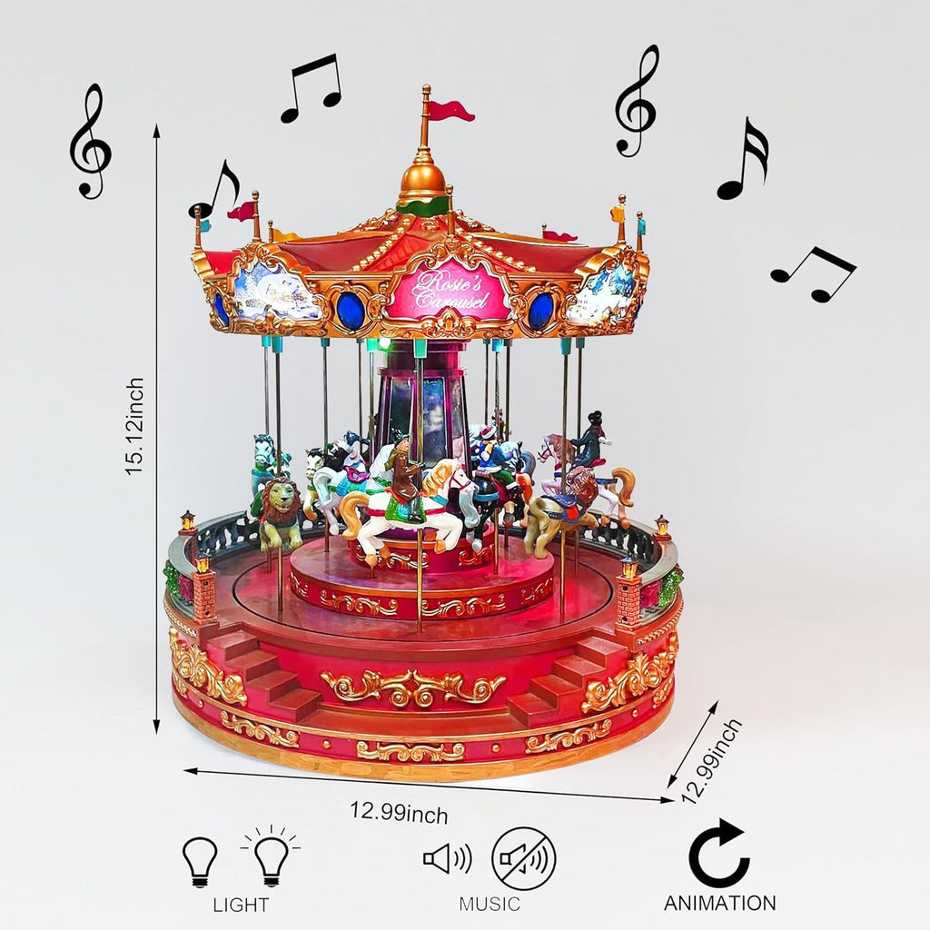 Animated Rosie's Carousel (Moving Carousel) 15.2"H LED Lights 8 Classic Carols Christmas Music, Adapter Included