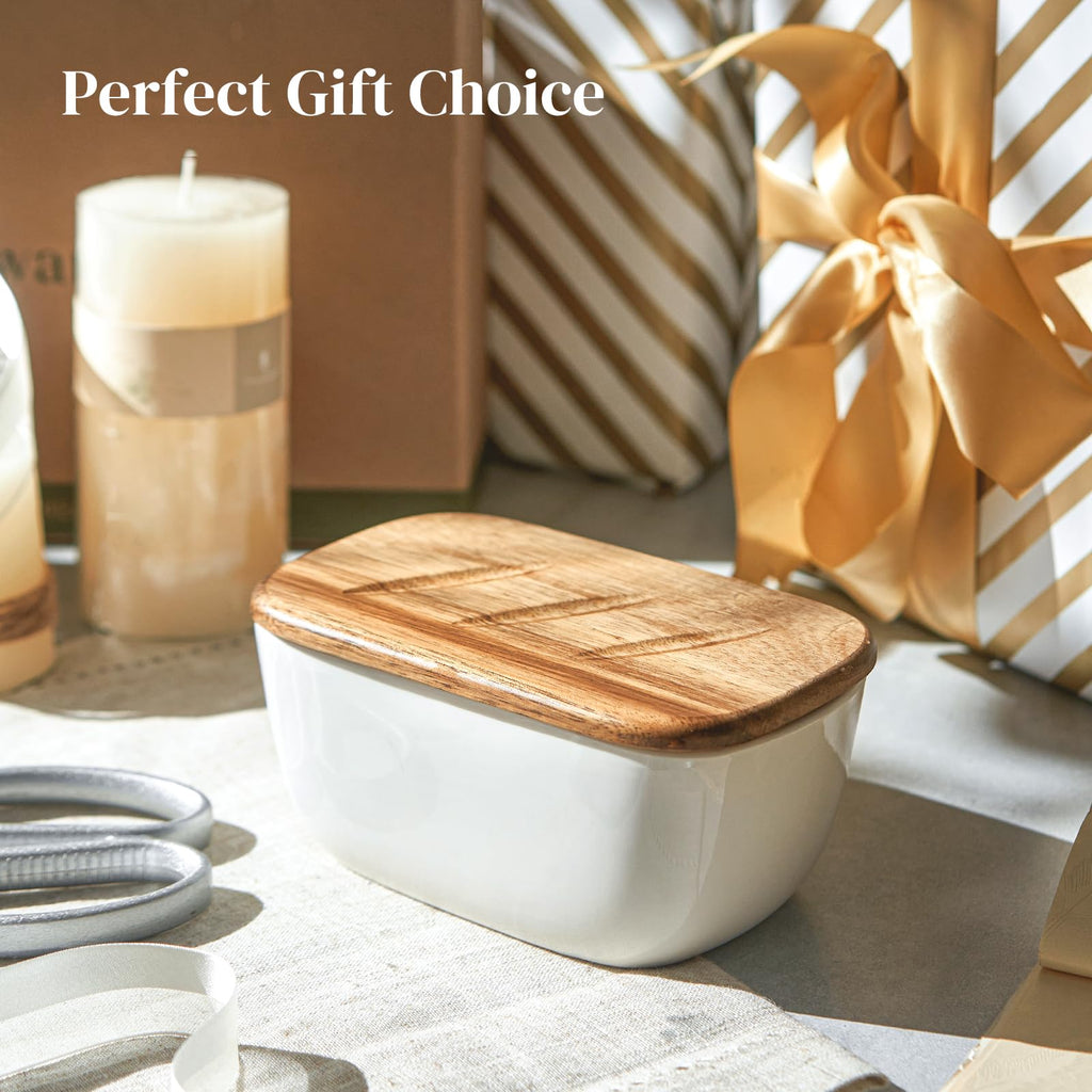 6.5" Large Butter Dish - Ceramic Butter Dish with Lid for Countertop - White Butter Keeper Holds Up to 3 Sticks