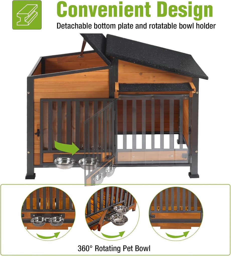 Dog House Outdoor Dog Kennel with Chew-Proof Metal Frame, Rotating Food Bowl, PVC Door Curtain, Weatherproof