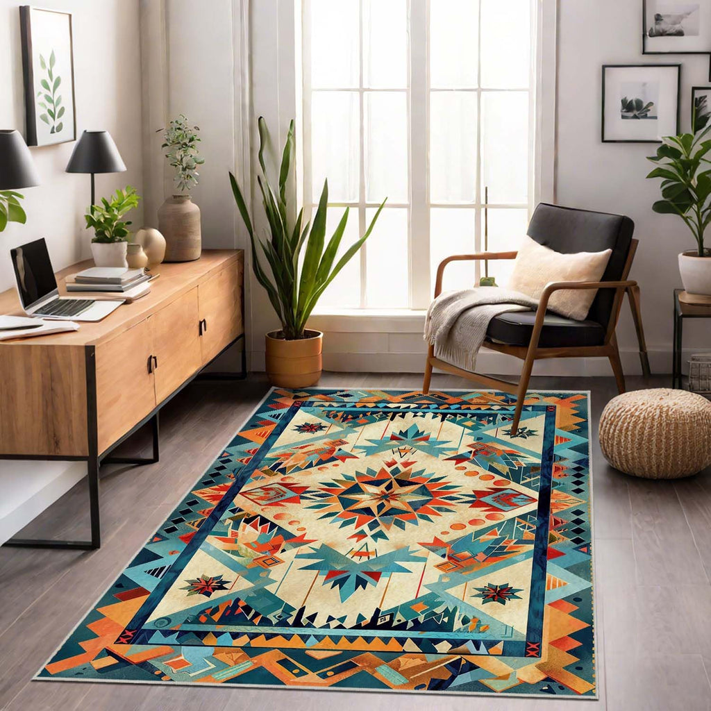 Aztec Rug Western Area Rug Southwestern Tribal Orange Blue Bedroom Ultra-Thin Soft Low Pile Large Carpet Living