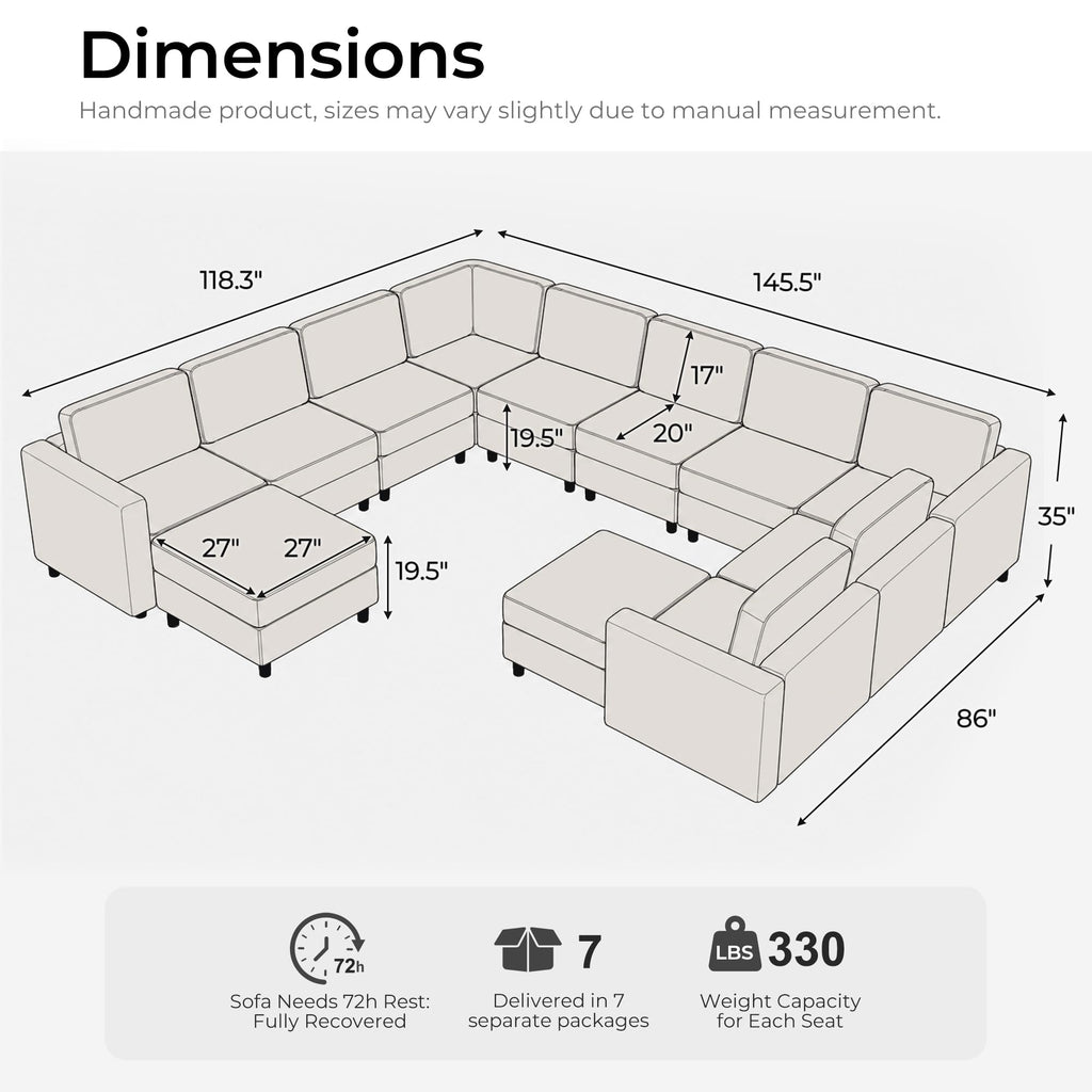 Oversized 145.5" Faux Leather Modular Sectional Sofa, Modern Large 12 Seater U Shaped Couch with Storage Seat with