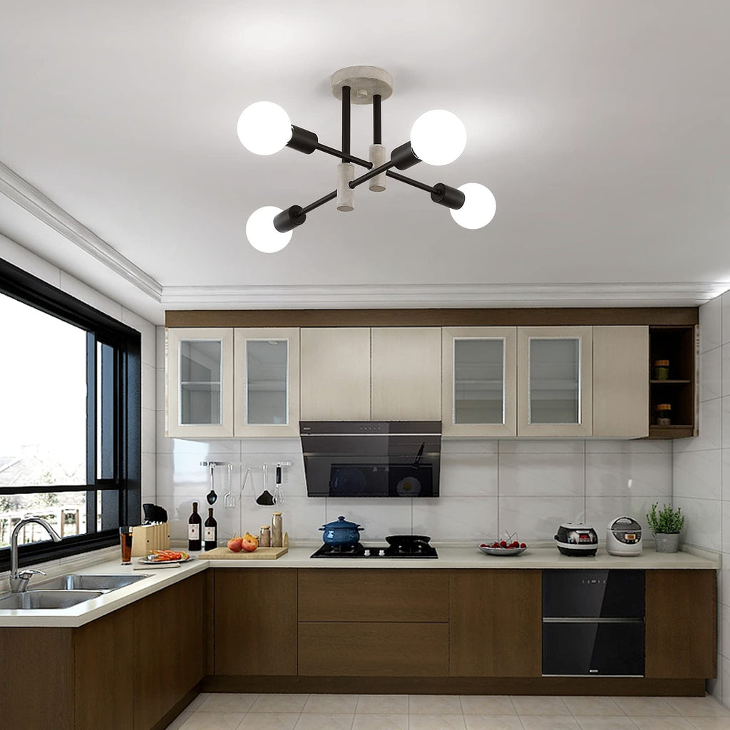 Farmhouse Ceiling Light Fixtures, Oak+Black, 4-Lights Rustic Vintage Metal Sputnik Chandelier Living Room Dining Room