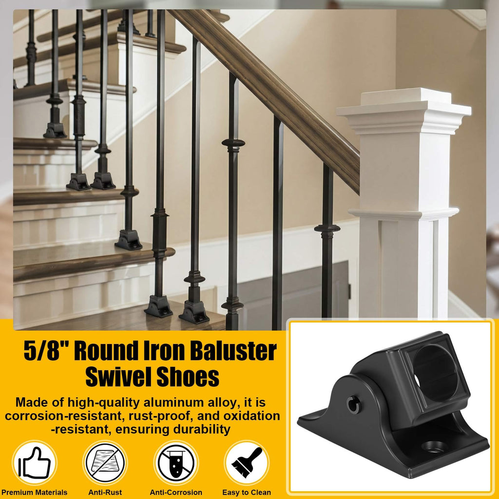 20 Sets 5/8" Round Iron Baluster Swivel Shoes 0-180 Degrees Rotation Staircases Baluster Connectors Hardware Shoes