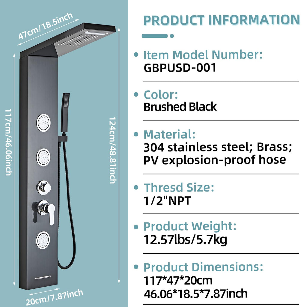 5-In-1Shower Panel Tower System-Brushed Black