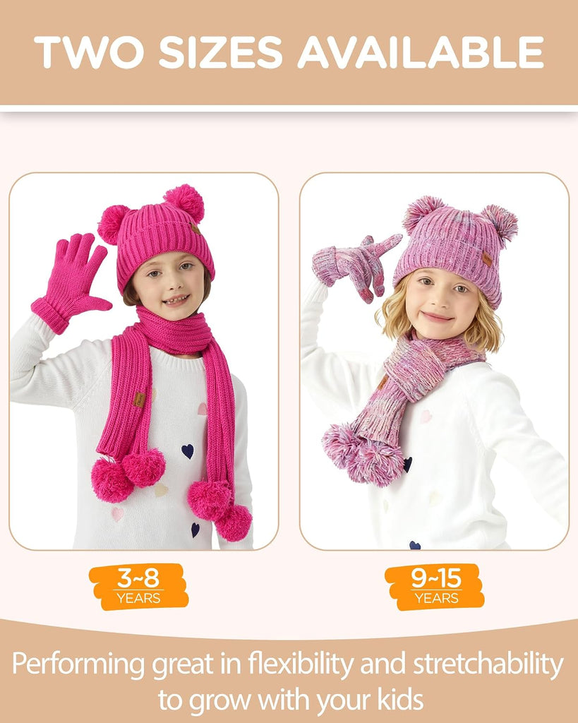 Kids Winter Hat Gloves Scarf Set, Knit Neck Warmer for Boys Girls Beanie & Mittens with 2 Sizes ( & )