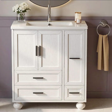 29.5" Bathroom Vanity with Sink & Hair Tool Drawer - Freestanding Cabinet with 4 Drawers & 2 Doors