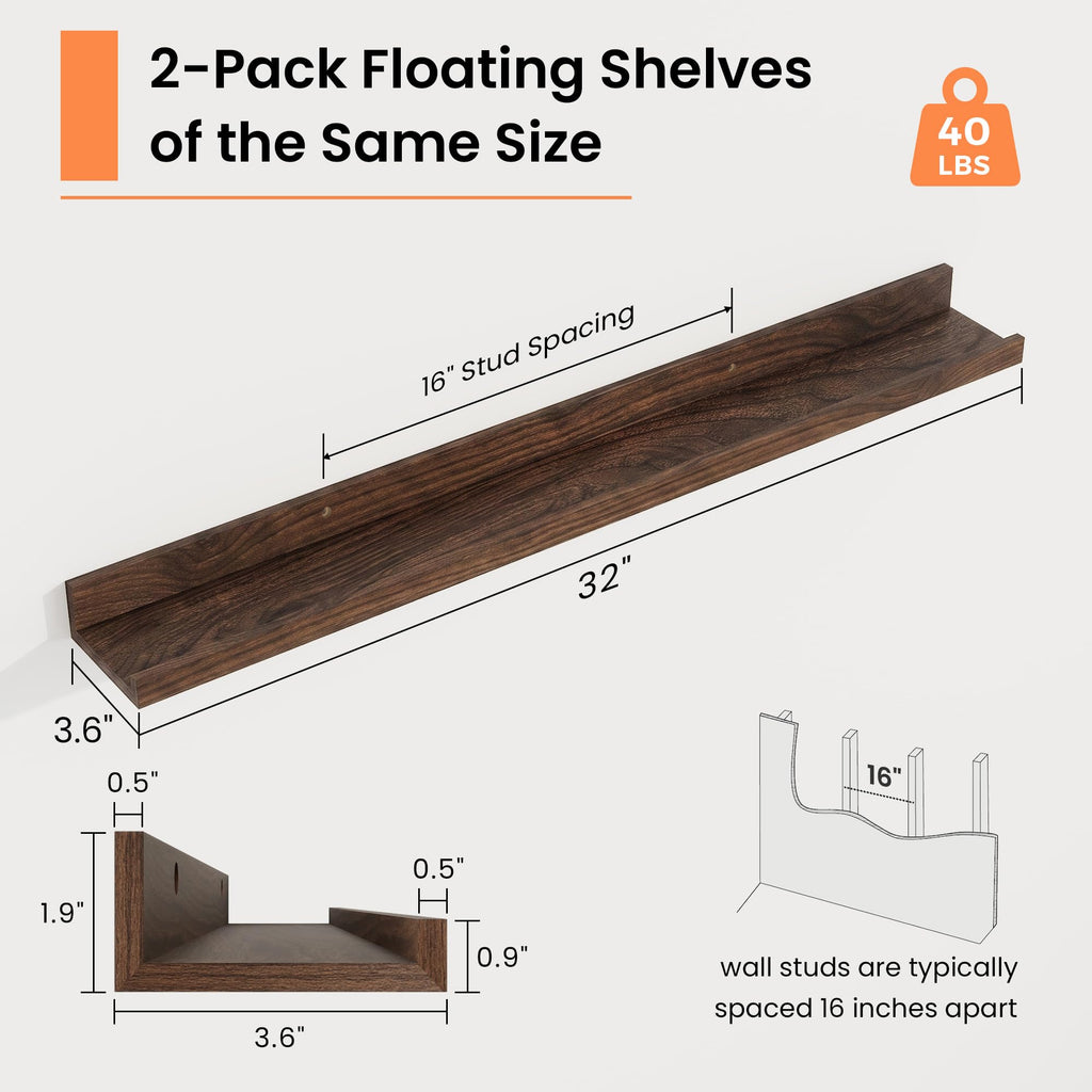 Picture Ledge Shelf, 32 inch Floating Shelves Set of 2, Walnut Wood Shelf
