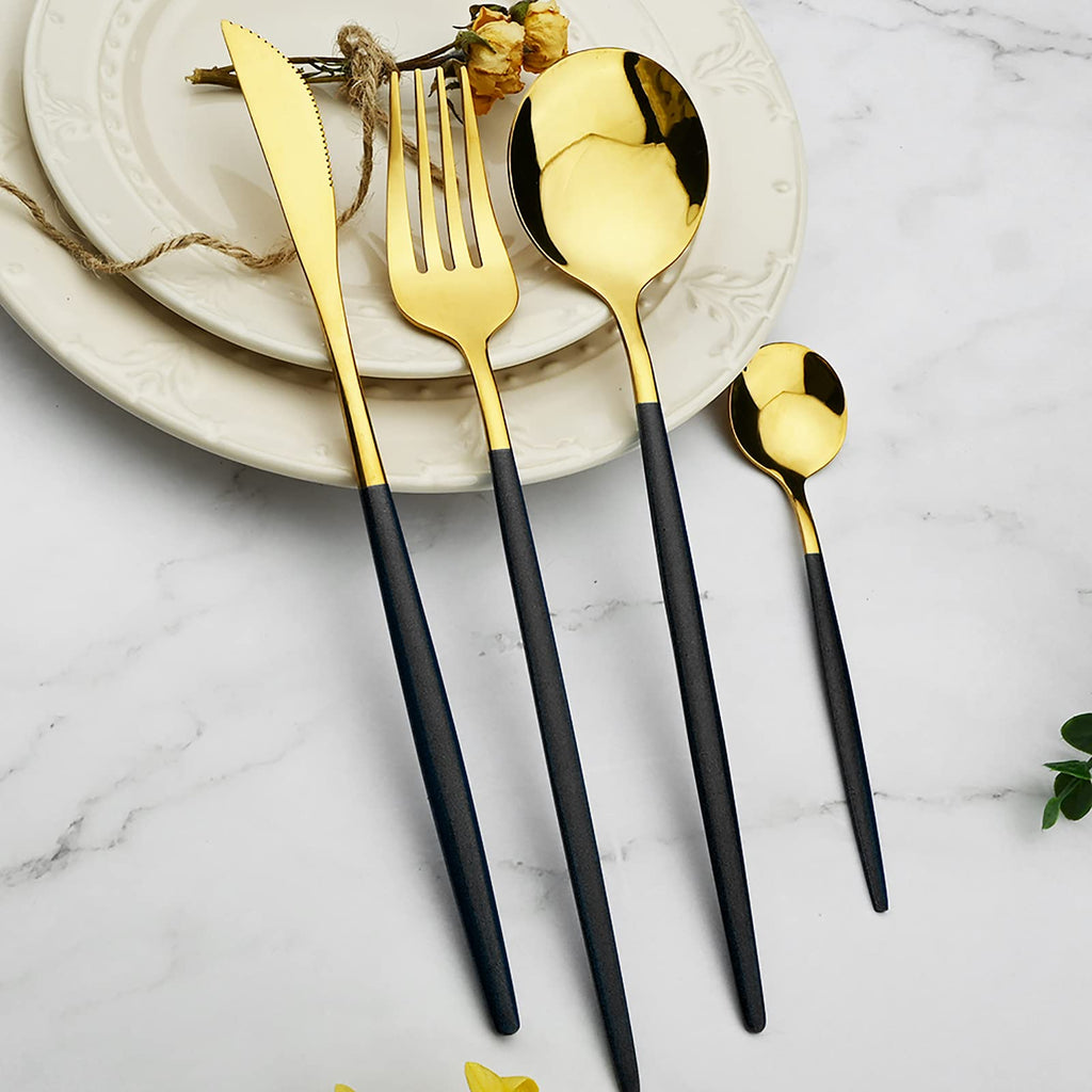 36-Pieces Silverware Mirror Polished Dinnerware Gold Flatware With Black Handle, 18/0 Stainless Steel Cutlery Set