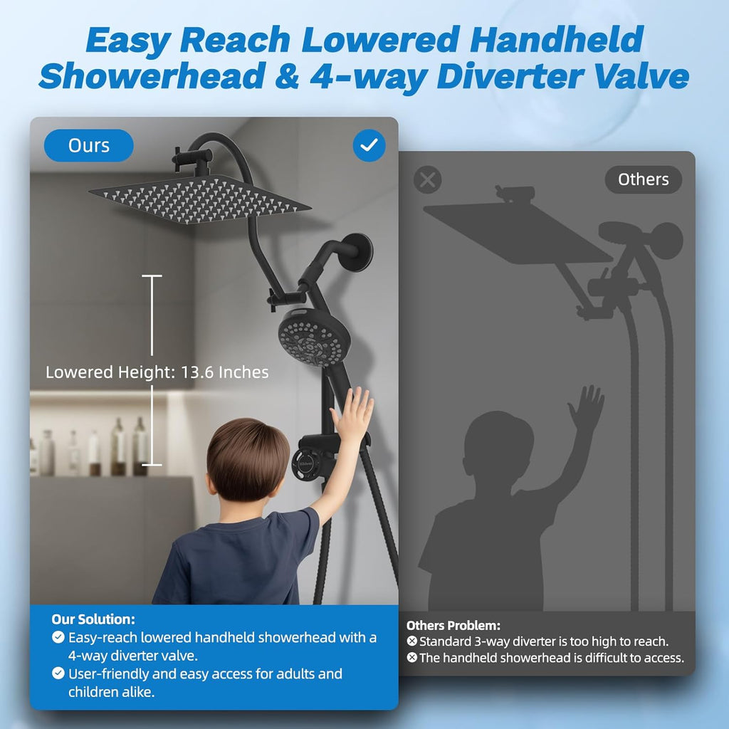 CUPC Certified All Metal 10" Rainfall Showerhead Combo, High Pressure Shower Head with 10-Spray Mode Handheld