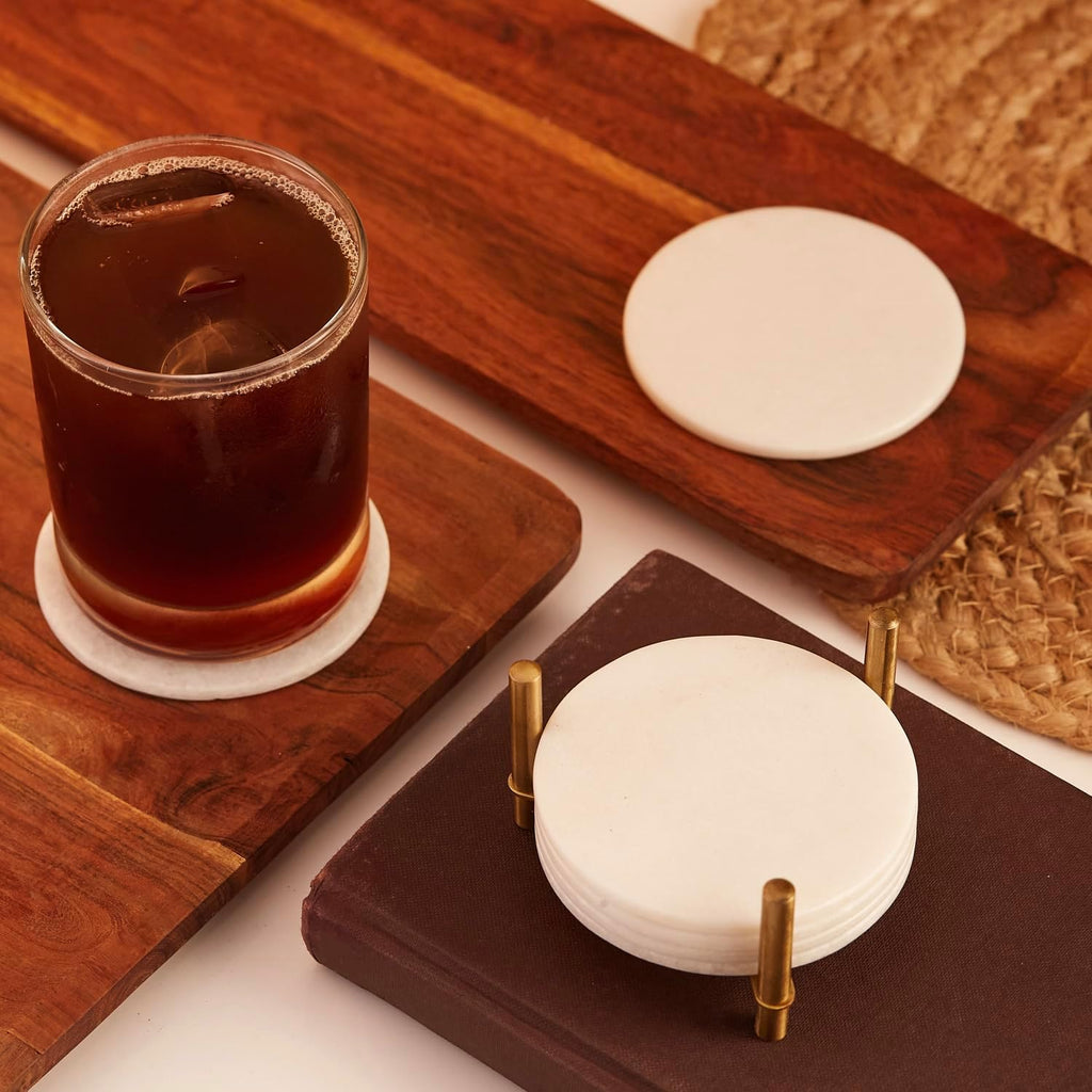 Marble Coasters for Drinks, Natural Stone Coasters Set for Coffee Table, Bar, Dining & Home Decor Sleek - Set of 6