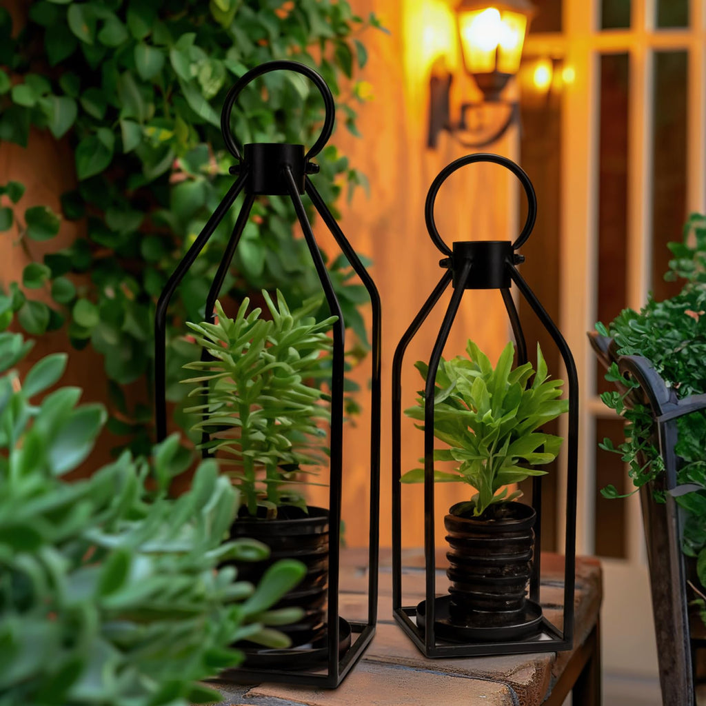 Modern Farmhouse Black Metal Lanterns 2PCS with Flameless Candle