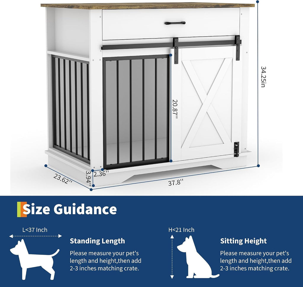 Heavy Duty Dog Crate Furniture 38 Wood Kennel with Barn Door, White