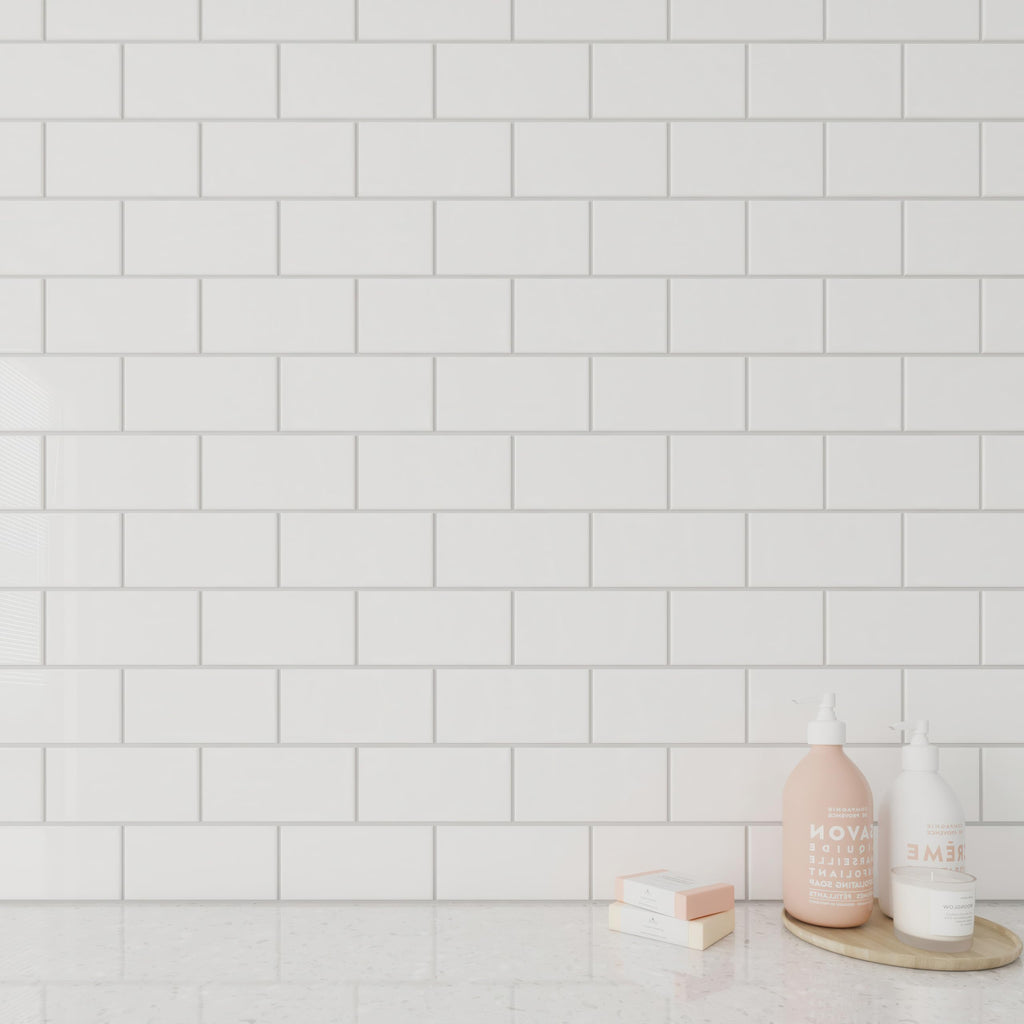 Glass Subway Backsplash Tile, 3x6, Alabaster
