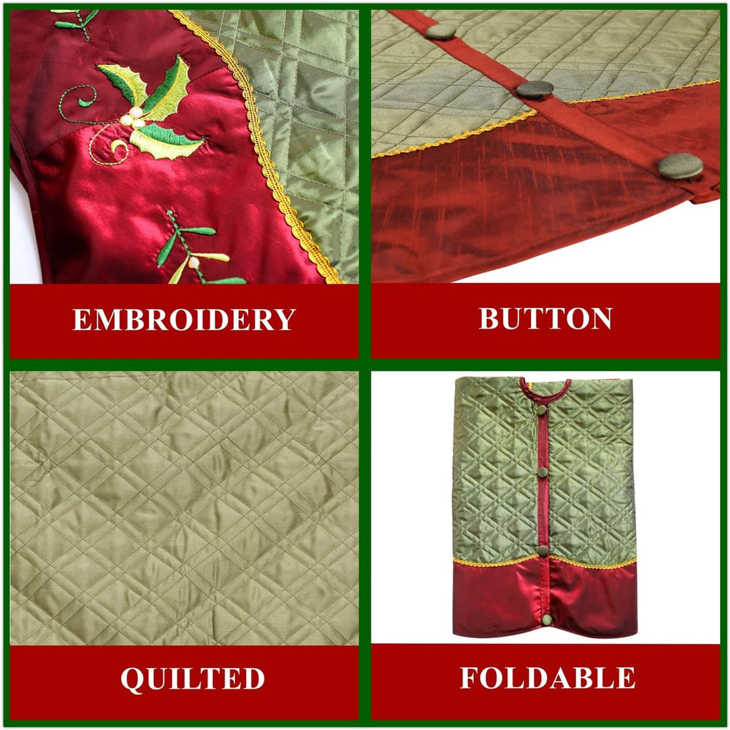 X.Sem Holly Leaf Embroidered Velvet Christmas Tree Skirt with Pleat Velvet Border 50'' (Green&red, 50 inch)