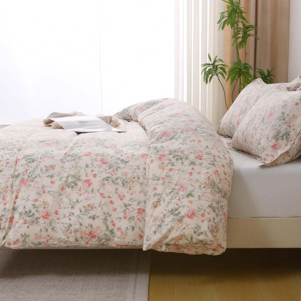 100% Cotton Duvet Cover Floral Bedding Set 3 Pieces Pink Floral Leaf Print Cottage Core Duvet Cover Set