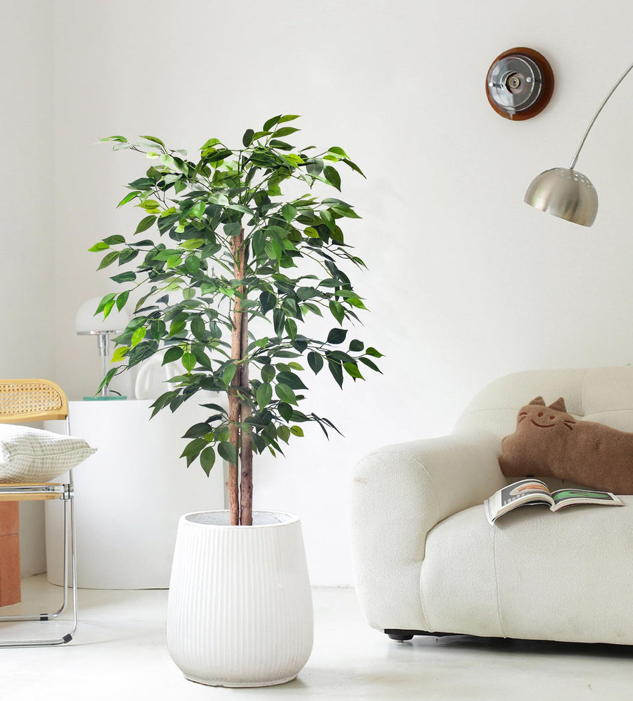 2Packs 4FT Artificial Ficus Trees with Realistic Leaves and Natural Trunk, Faux Ficus Tree with Sturdy Plastic