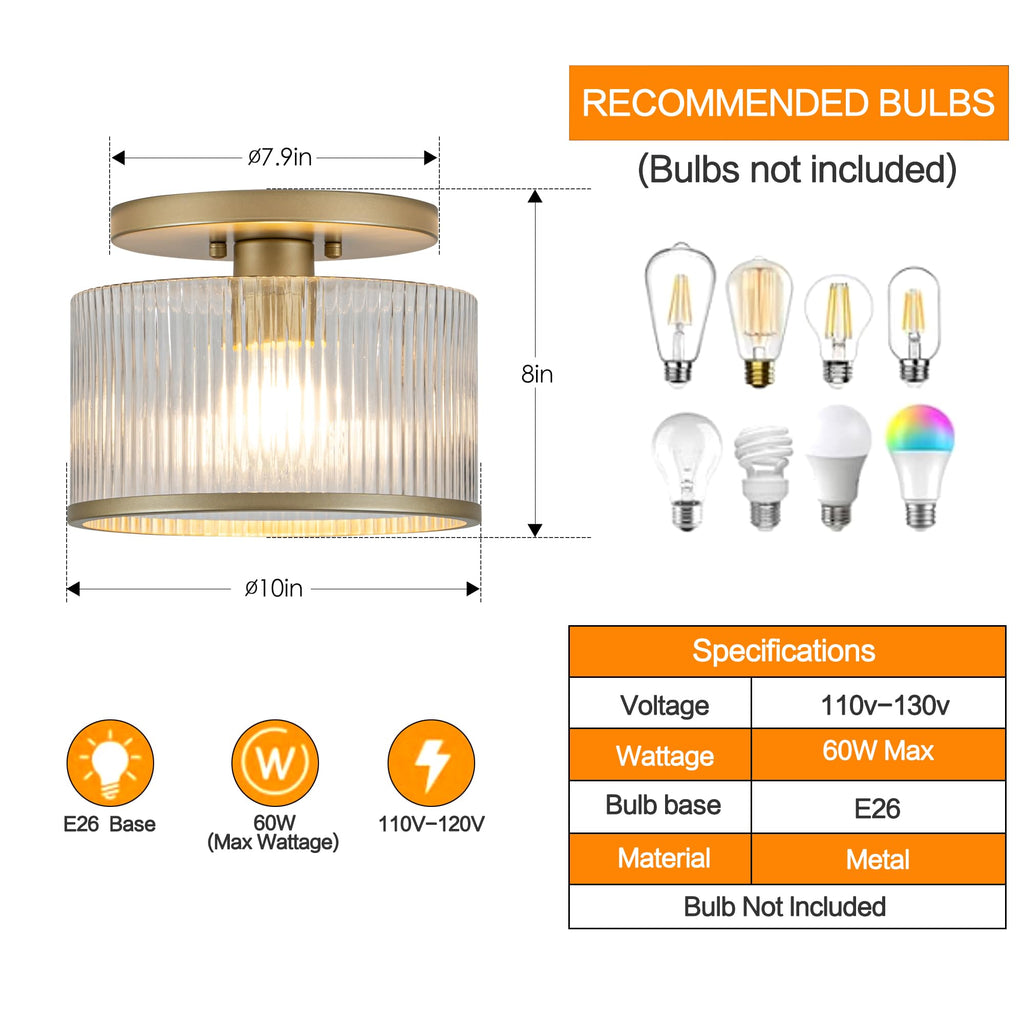 Glass Ceiling Light, Clear Ribbed Glass Ceiling Light Fixture with Gold Metal Frame, Modern Semi Flush Mount Ceiling