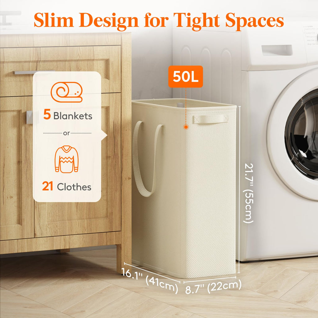 2 Pack Slim Laundry Hamper with Handles, 50L, White