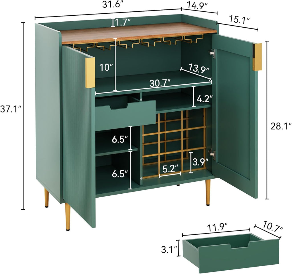 Coffee Bar Cabinet with Wine Racks & Drawer, Green | Liquor Cabinet with Fluted Texture, Modern Sideboard Buffet