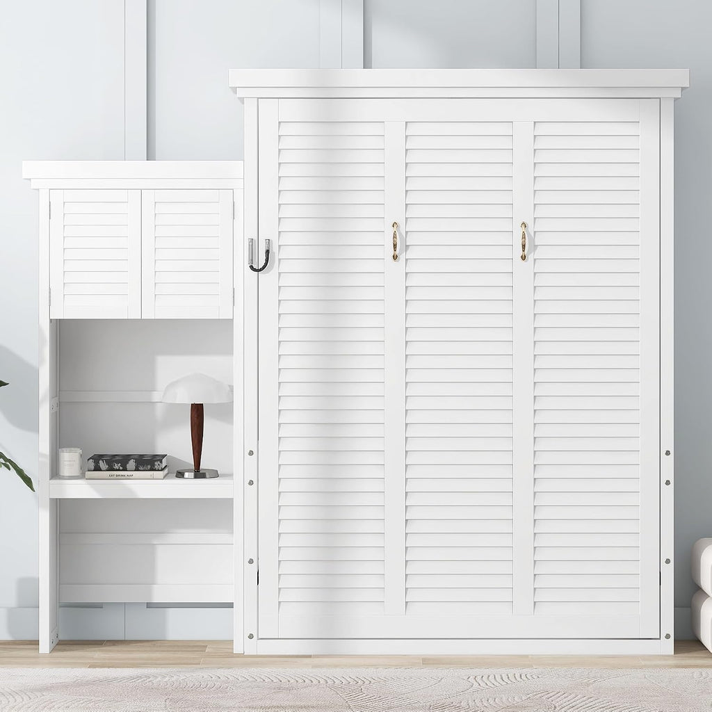 Queen Farmhouse Murphy Bed with Storage Cabinet and Shelves, Wooden Hidden Foldable Wall Bed Frame, Murphy Wall Bed