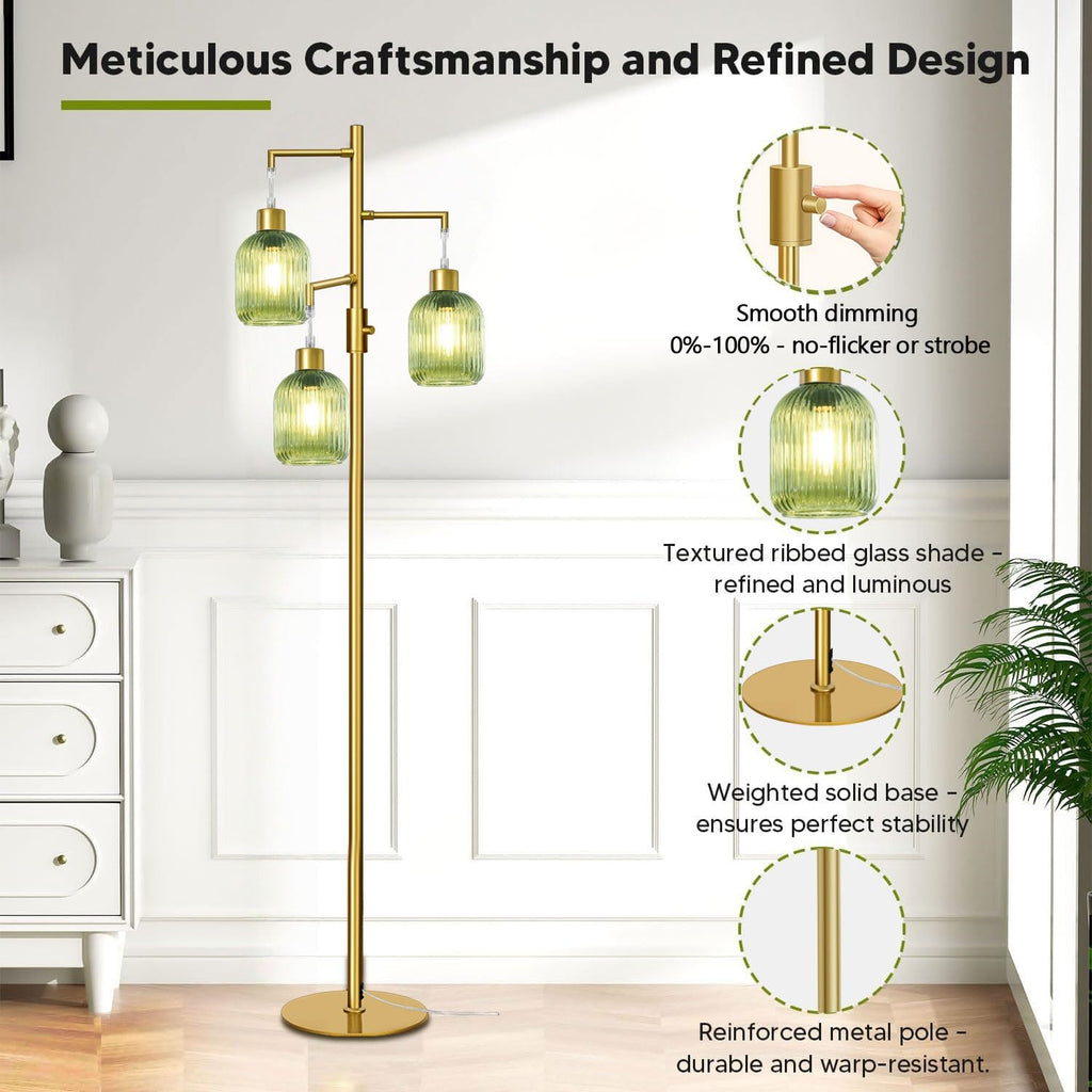 Modern Floor Lamps, Glass Standing Lamp with Green Shade, Dimmable Ribbed Glass 3 Lights Floor Lamps, Mid Century