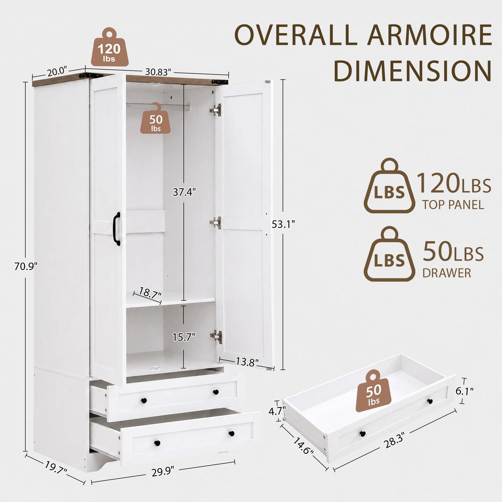 Wooden Armoire Wardrobe Closet with Drawers, White, Set of 2