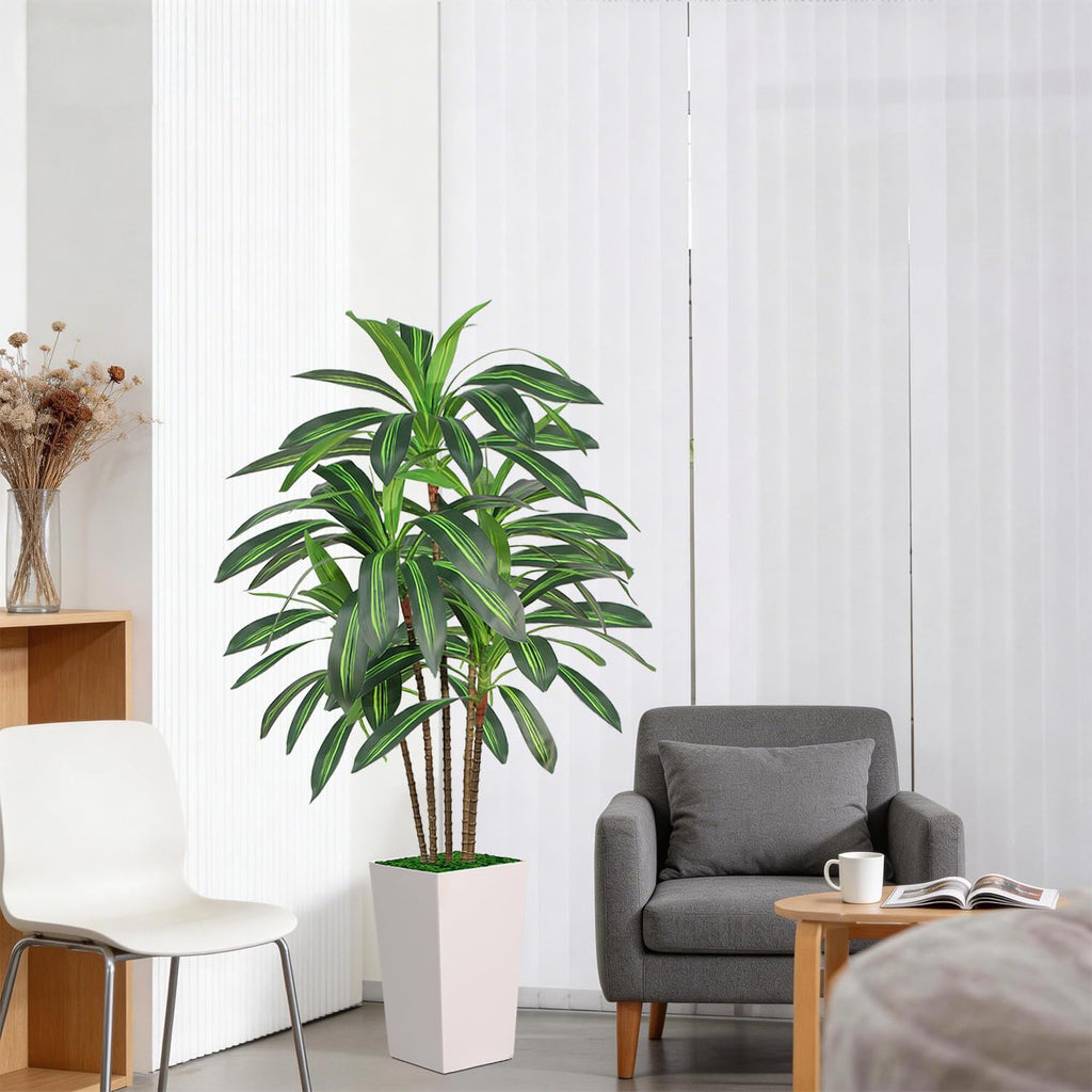 Artificial Dracaena Tree 5FT with White Tall Planter, Realistic Faux Tropical Plant with Lifelike Green Leaves